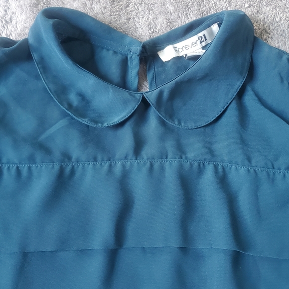 Forever 21 Teal Sheer Chiffon Blouse With Peter Pan Collar Size Small - Picture 3 of 6